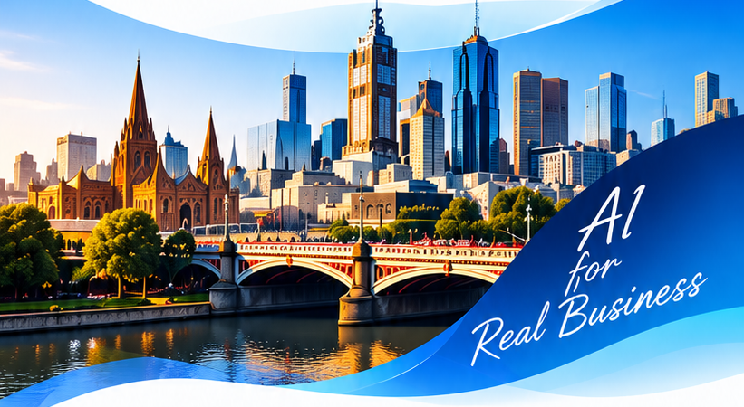Melbourne CBD skyline and Yarra River with blue wave overlay and script text AI for Real Business